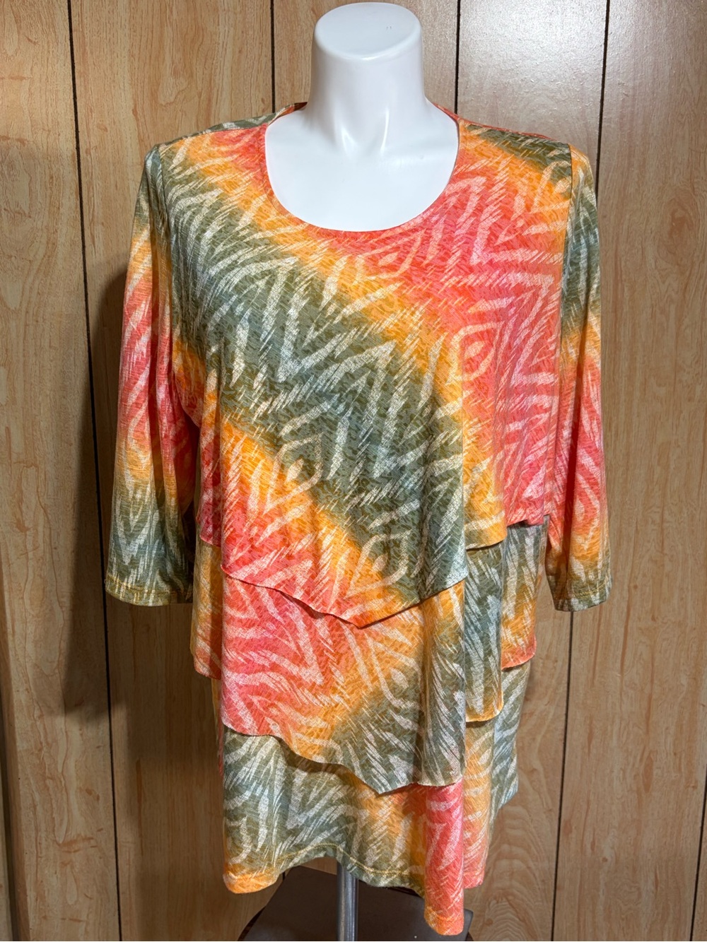 Catherines Coral Olive & Yellow Layered Wave-Print Blouse SZ - 2X